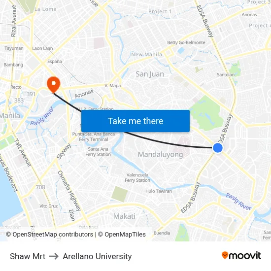 Shaw Mrt to Arellano University map