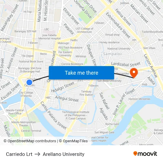 Carriedo Lrt to Arellano University map