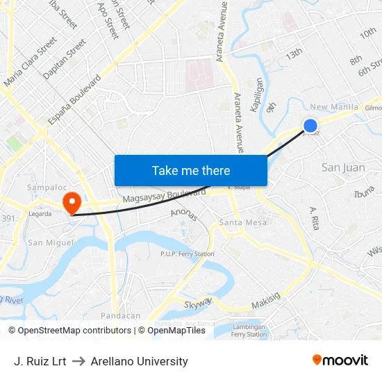 J. Ruiz Lrt to Arellano University map