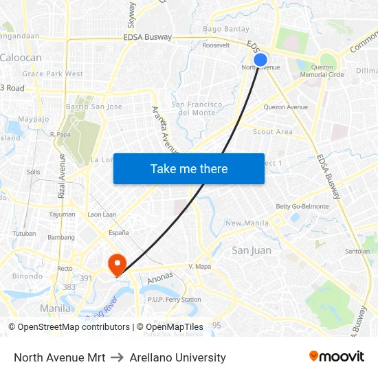 North Avenue Mrt to Arellano University map