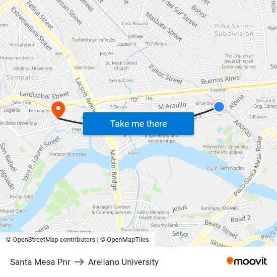 Santa Mesa Pnr to Arellano University map