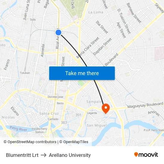 Blumentritt Lrt to Arellano University map