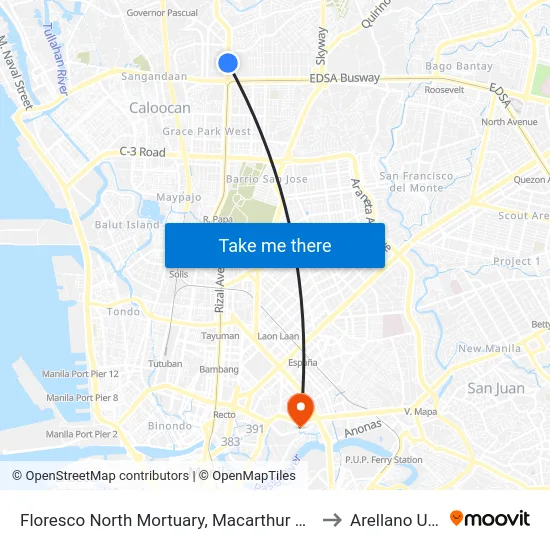 Floresco North Mortuary, Macarthur Highway, Caloocan City to Arellano University map
