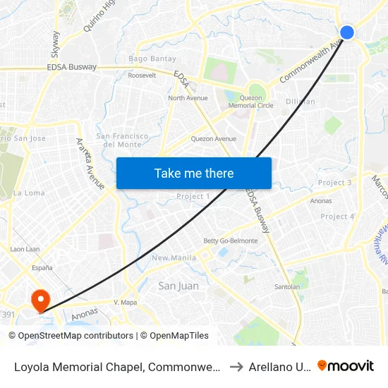 Loyola Memorial Chapel, Commonwealth Avenue, Quezon City to Arellano University map
