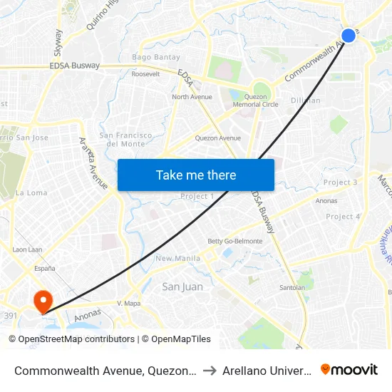Commonwealth Avenue, Quezon City to Arellano University map