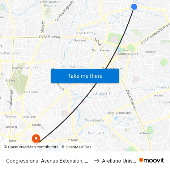 Congressional Avenue Extension, Quezon City to Arellano University map