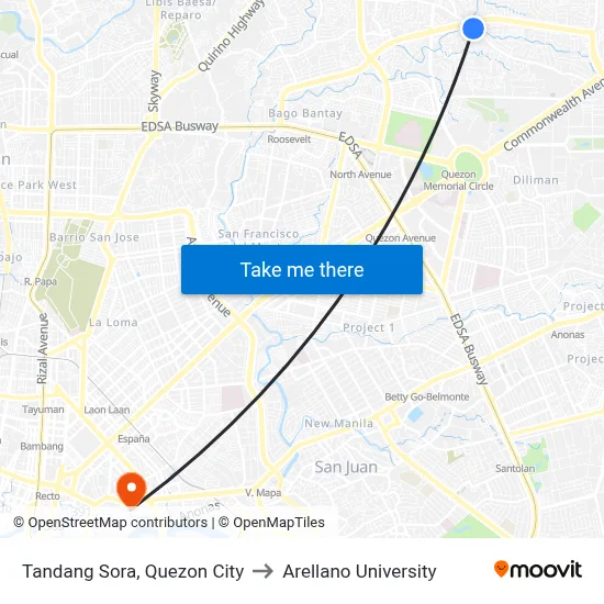 Tandang Sora, Quezon City to Arellano University map