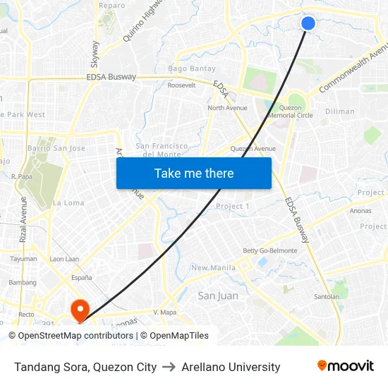Tandang Sora, Quezon City to Arellano University map