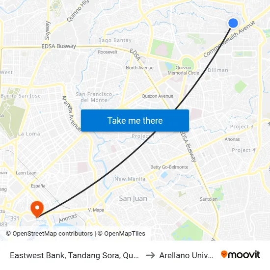 Eastwest Bank, Tandang Sora, Quezon City to Arellano University map