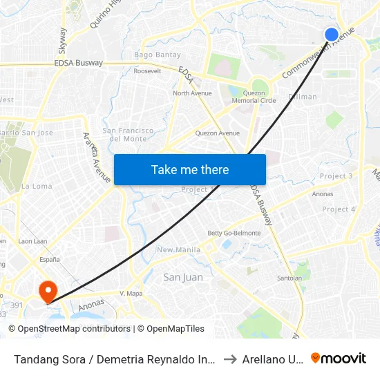 Tandang Sora / Demetria Reynaldo Intersection, Quezon City to Arellano University map