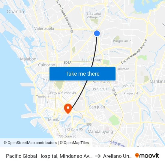 Pacific Global Hospital, Mindanao Avenue, Quezon City to Arellano University map