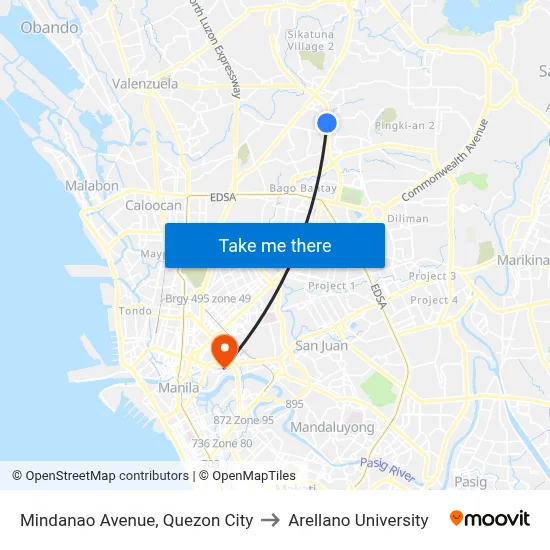 Mindanao Avenue, Quezon City to Arellano University map