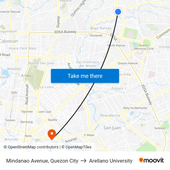 Mindanao Avenue, Quezon City to Arellano University map