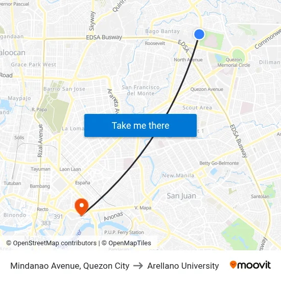 Mindanao Avenue, Quezon City to Arellano University map