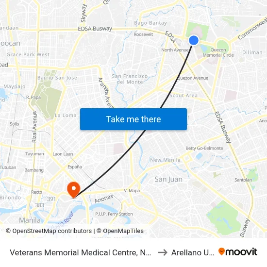 Veterans Memorial Medical Centre, North Avenue, Quezon City to Arellano University map
