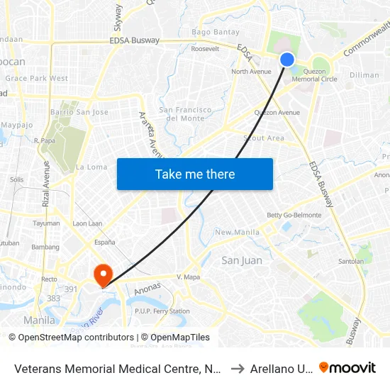 Veterans Memorial Medical Centre, North Avenue, Quezon City to Arellano University map
