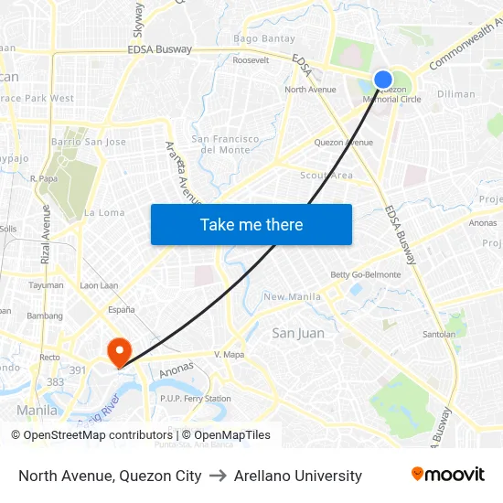 North Avenue, Quezon City to Arellano University map