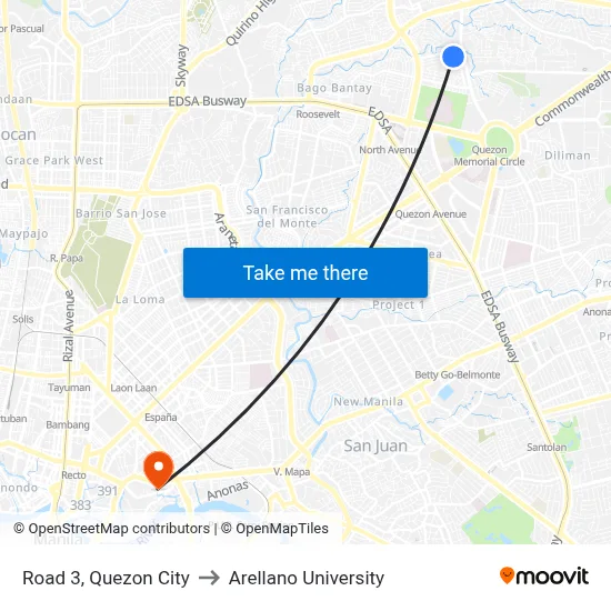 Road 3, Quezon City to Arellano University map