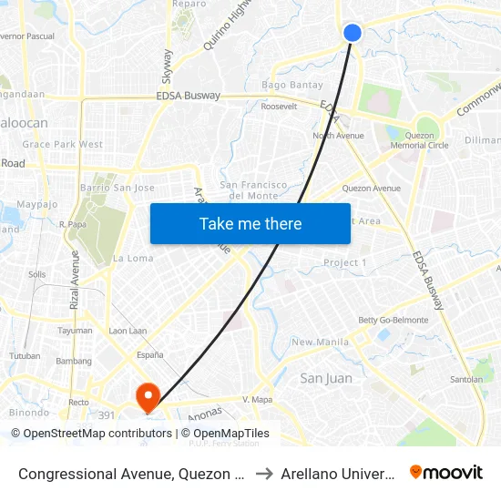Congressional Avenue, Quezon City to Arellano University map
