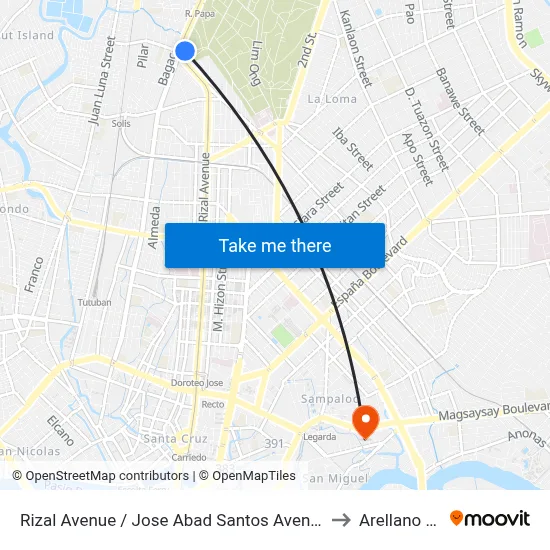 Rizal Avenue / Jose Abad Santos Avenue Interchange, Caloocan City to Arellano University map