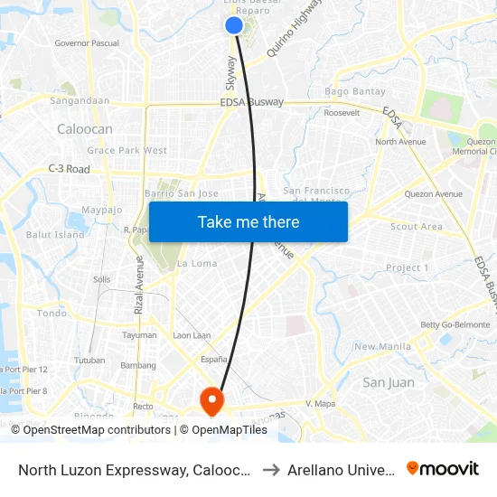 North Luzon Expressway, Caloocan City to Arellano University map