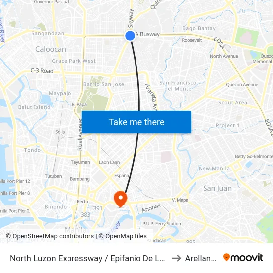 North Luzon Expressway / Epifanio De Los Santos Avenue Intersection, Caloocan City to Arellano University map