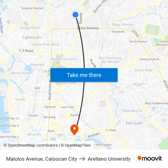 Malolos Avenue, Caloocan City to Arellano University map
