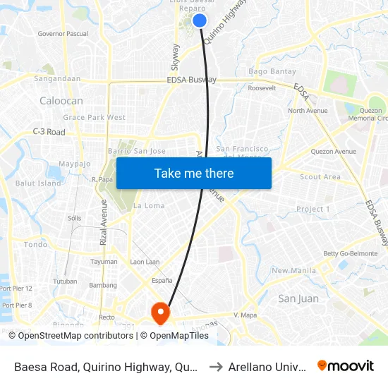 Baesa Road, Quirino Highway, Quezon City to Arellano University map
