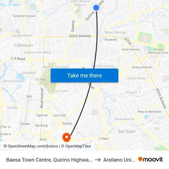 Baesa Town Centre, Quirino Highway, Quezon City to Arellano University map