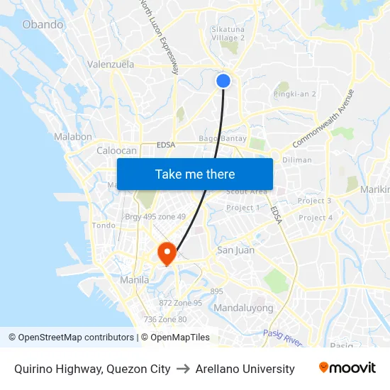 Quirino Highway, Quezon City to Arellano University map