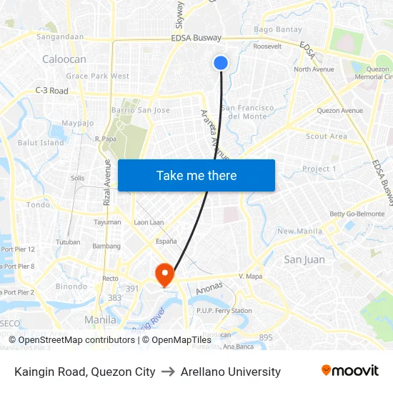 Kaingin Road, Quezon City to Arellano University map