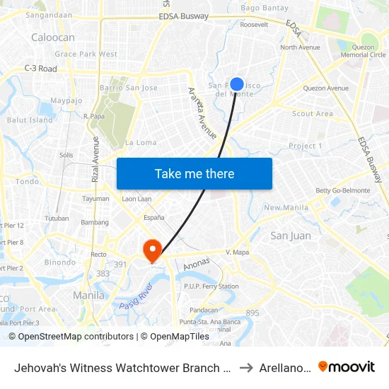 Jehovah's Witness Watchtower Branch Office, Roosevelt Avenue, Quezon City to Arellano University map