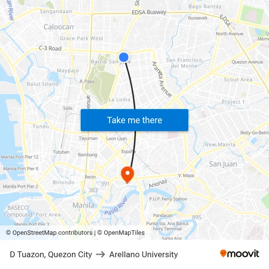 D Tuazon, Quezon City to Arellano University map