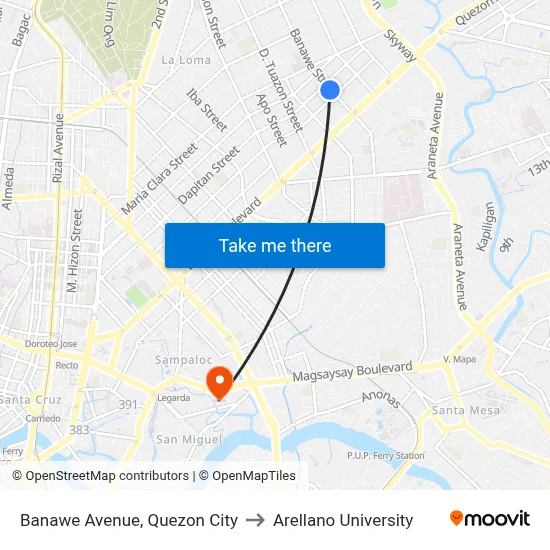 Banawe Avenue, Quezon City to Arellano University map