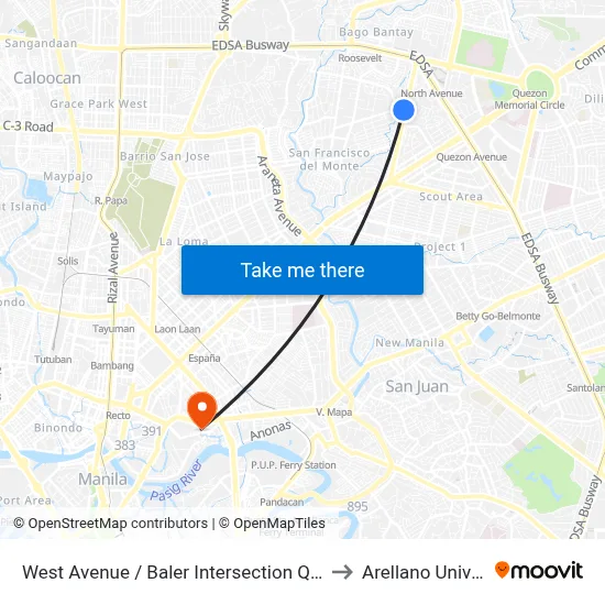 West Avenue / Baler  Intersection Quezon City to Arellano University map