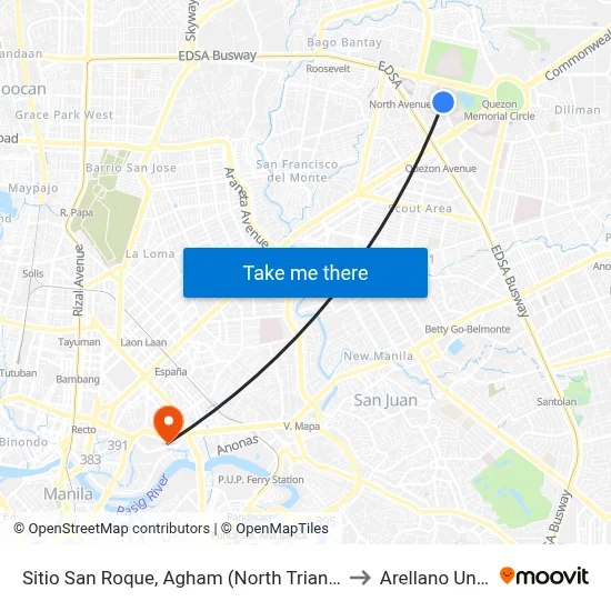 Sitio San Roque, Agham (North Triangle), Quezon City to Arellano University map