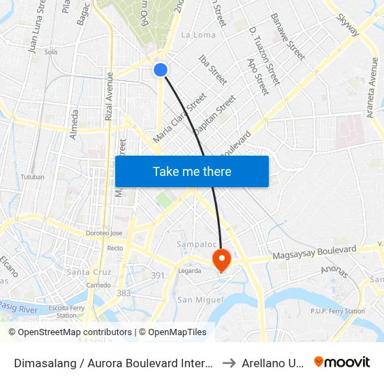 Dimasalang / Aurora Boulevard Intersection, Quezon City to Arellano University map
