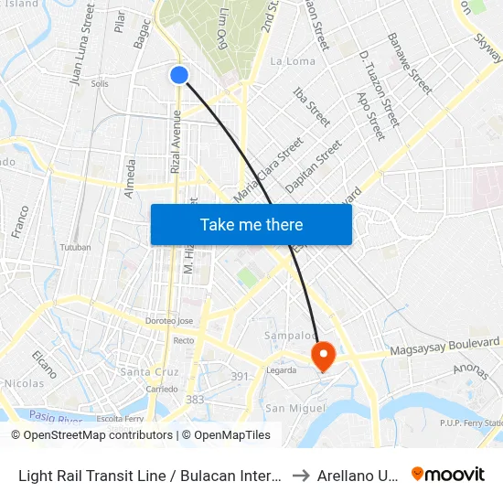 Light Rail Transit Line / Bulacan Intersection, Quezon City to Arellano University map