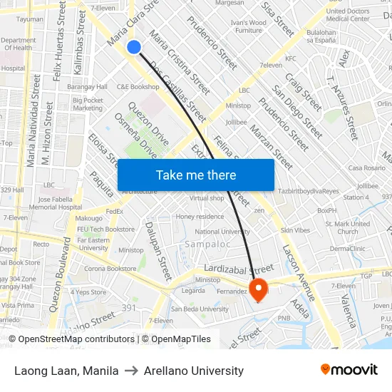 Laong Laan, Manila to Arellano University map