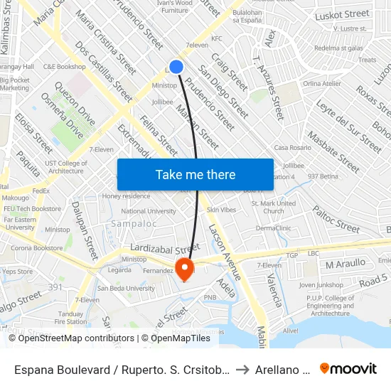 Espana Boulevard / Ruperto. S. Crsitobal Streett Intersection, Manila to Arellano University map