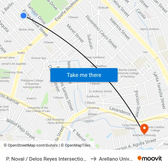 P. Noval / Delos Reyes Intersection, Manila to Arellano University map