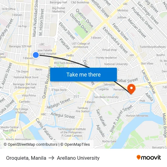 Oroquieta, Manila to Arellano University map