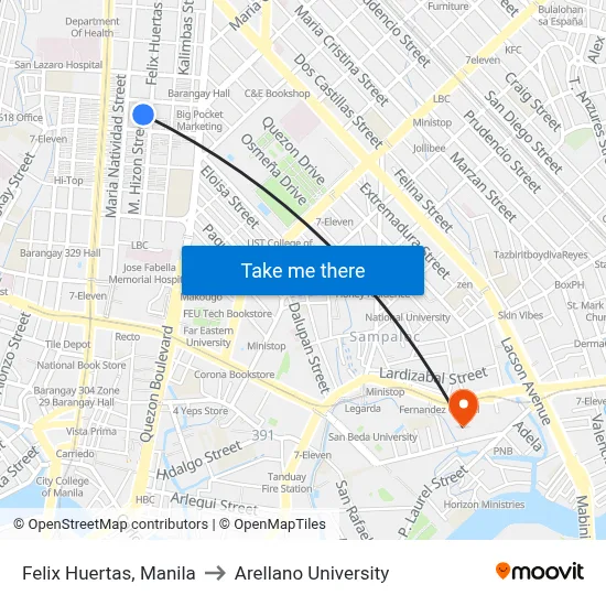 Felix Huertas, Manila to Arellano University map