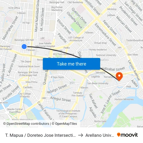 T. Mapua / Doreteo Jose Intersection, Manila to Arellano University map