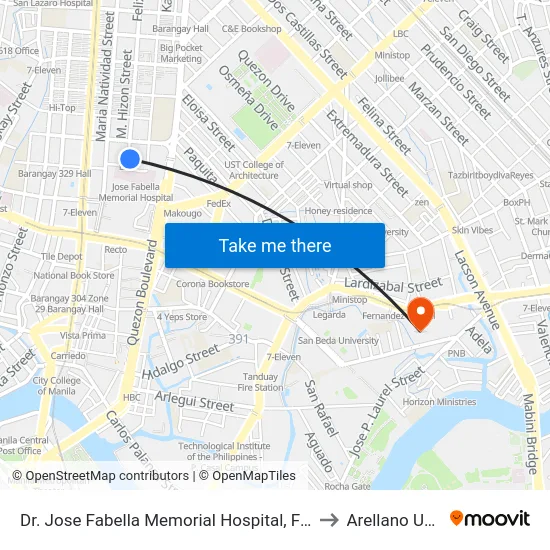 Dr. Jose Fabella Memorial Hospital, Felix Huertas, Manila to Arellano University map