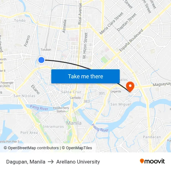 Dagupan, Manila to Arellano University map