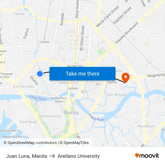 Juan Luna, Manila to Arellano University map