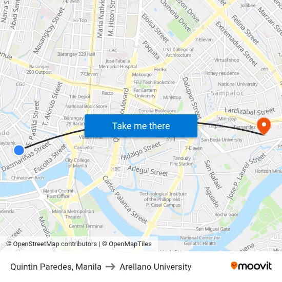 Quintin Paredes, Manila to Arellano University map