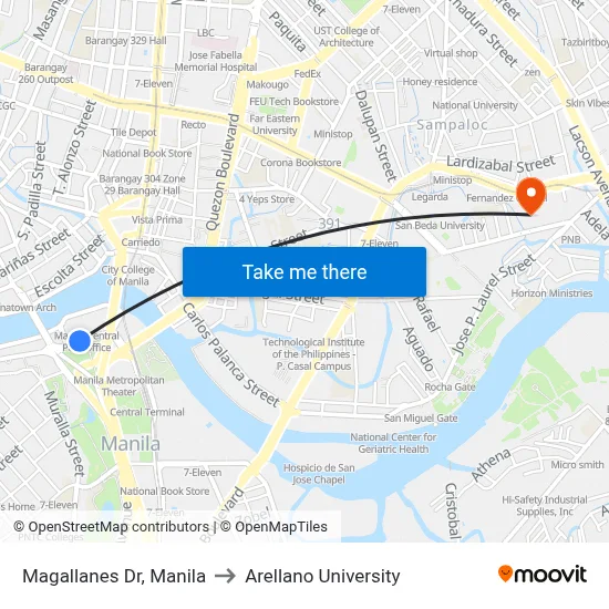 Magallanes Dr, Manila to Arellano University map