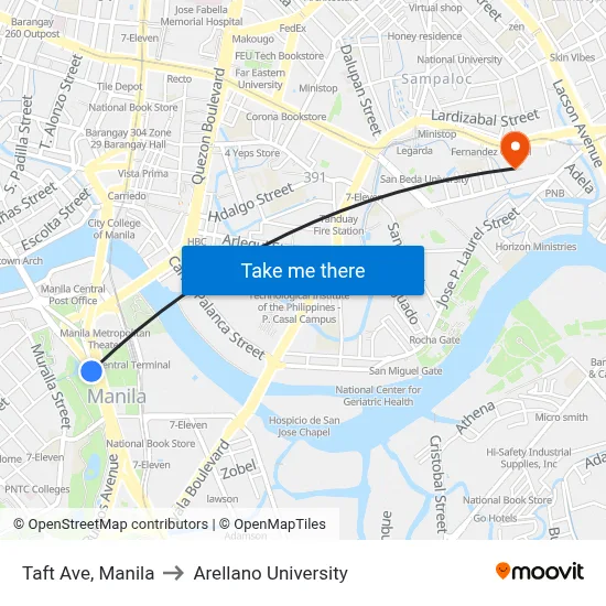 Taft Ave, Manila to Arellano University map